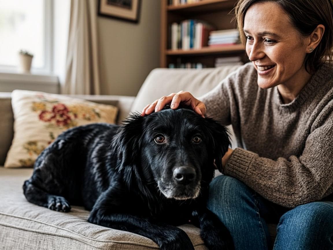 Cão preto acolhido em casa ao lado de pessoa