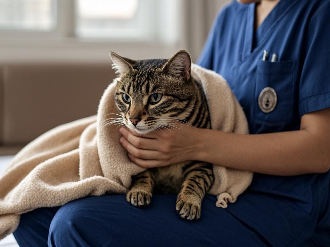 Gato resgatado tratado ao colo, envolto numa manta